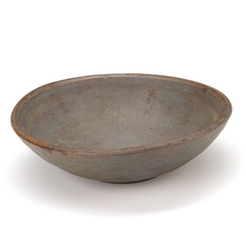 A GOOD 19TH CENTURY TURNED WOOD BOWL IN OLD GRAY PAINT