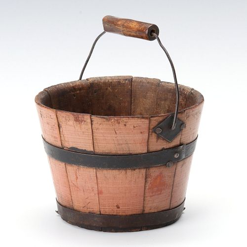 A 19TH C. SHAKER STYLE BERRY BUCKET IN OLD SALMON PAINT