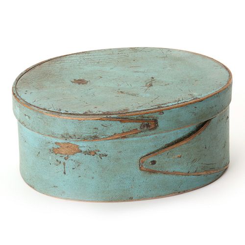 A 19TH CENTURY OVAL PANTRY BOX IN ROBIN'S EGG BLUE