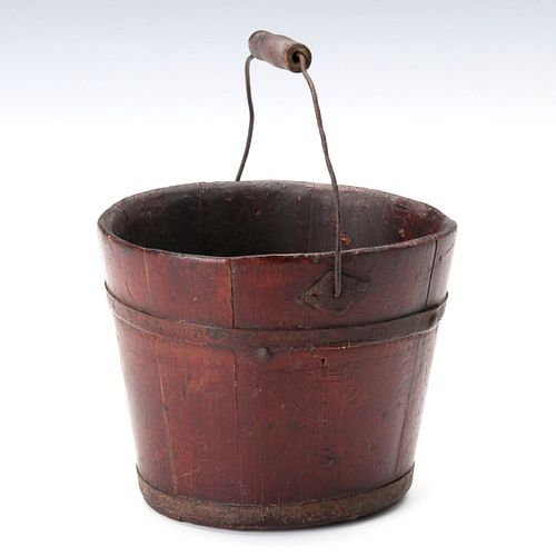 A 19TH C. SHAKER STYLE BERRY BUCKET IN OLD RED STAIN
