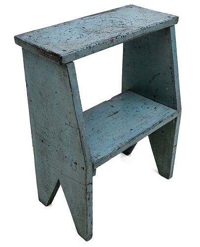 A 19TH CENTURY TWO TIER STOOL IN OLD BLUE PAINT