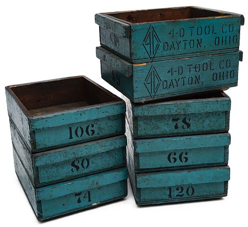 EIGHT MACHINIST STORAGE BOXES IN OLD BLUE PAINT