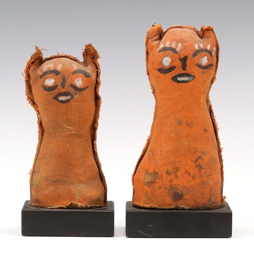TWO SMALL PAINTED CANVAS FOLK ART KNOCKDOWN DOLLS