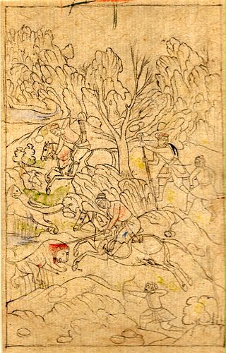 Mughal India sketch on gouache of a Mughal king hunting