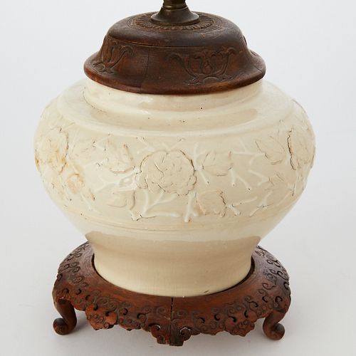 Early Chinese Yuan Style White Glazed Bowl Vase as Lamp w/ Wooden Stand