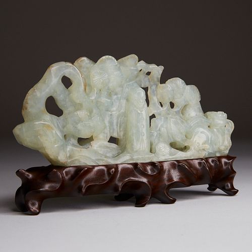 19th c Antique Chinese Carved Jade Brush Rest w/ Stand