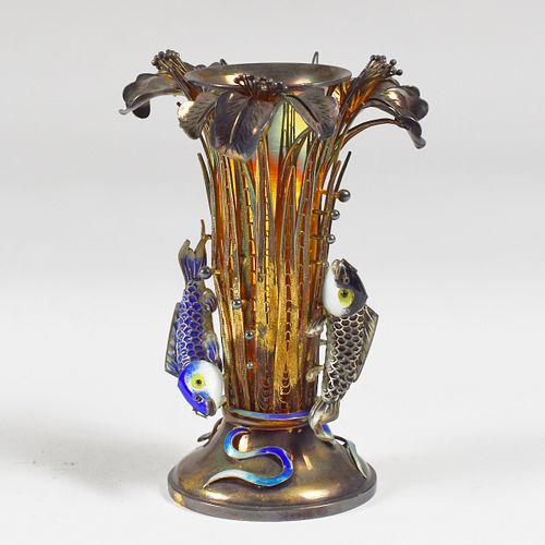 20th c. Chinese Enamel Gilt Silver Fish Vase