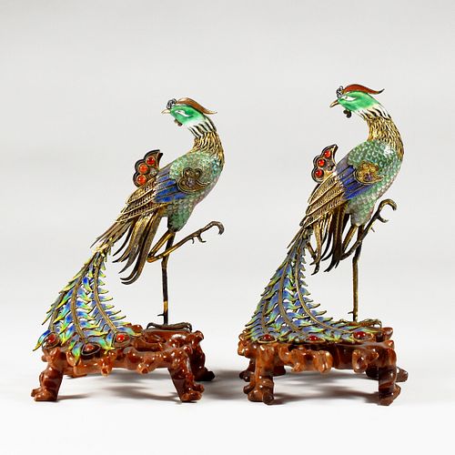 Pair of Chinese Enameled Silver Phoenix Birds