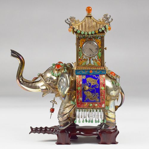 20th c. Enameled Silver Elephant Clock w/ Stand