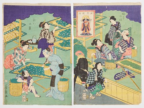Pair of Japanese Woodblock Prints Silk Making