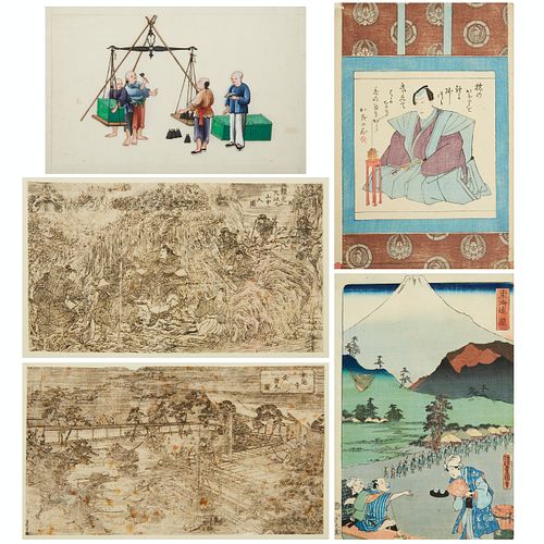 Grp: 4 Japanese Woodblock Prints + Chinese Pith Paper Painting