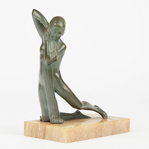 Art Deco Nude in Repose Bronze Sculpture on Marble Base