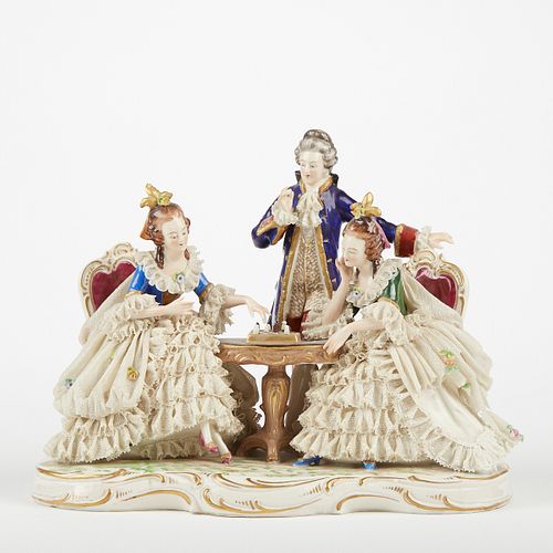 Large Dresden Porcelain Lace Figural Group of Women Playing Chess