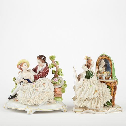 Group of Two Dresden Porcelain Lace Figural Groups