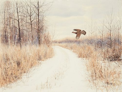 Noel L. Dunn Pheasant Flying Winter Landscape Watercolor on Paper Board