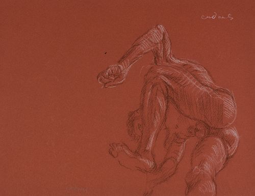 Paul Cadmus Male Nude in Dynamic Pose Crayon on Red Paper