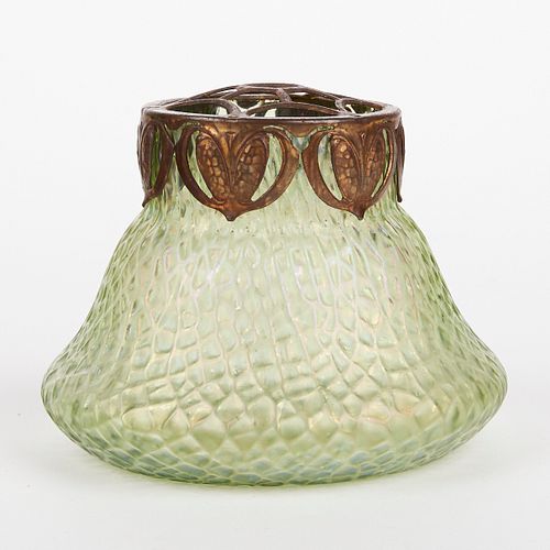 Loetz Iridescent Green Art Glass Shade w/ Original Floral Metal Holder