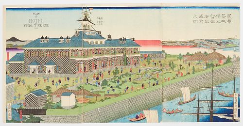Utagawa Kuniteru II "Plan of Hotel Yedo T'skege" Woodblock Print Triptych