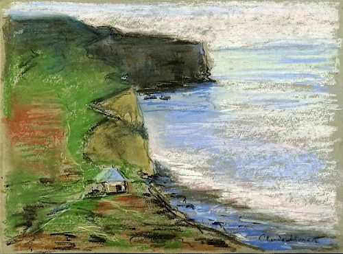 after: Claude Monet, French (1840-1926) pastel on paper, coastal landscape.