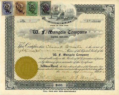 A 1908 W.F. MANGELS CO. STOCK CERTIFICATE