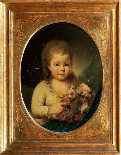 Scuola francese, secolo XIX - Portrait of little girl with flowers in her hand