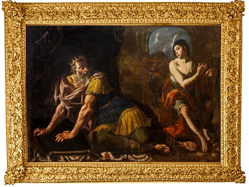 Pittore caravaggesco attivo nell'Italia meridionale, circa 1620 - 1630 - David plays the harp in front of Saul