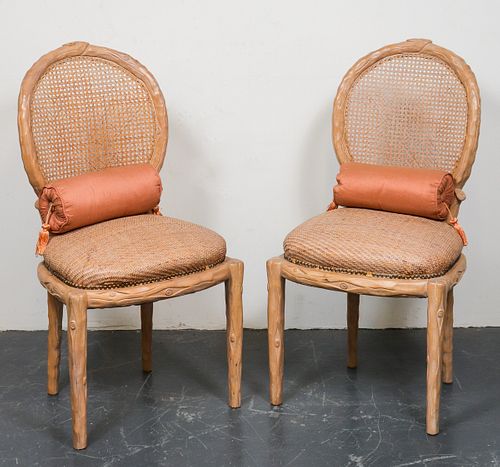Faux Bois Caned Back Wicker Seat Side Chairs, Pr