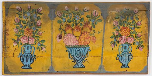 Folk Art Painted Panel with Flower Filled Urns