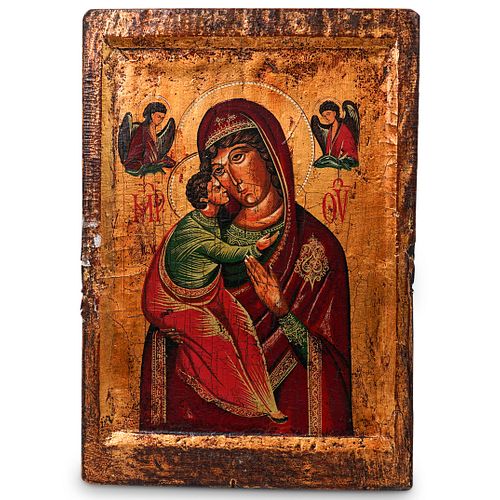 Antique Russian "Madonna and Child" Wood Icon