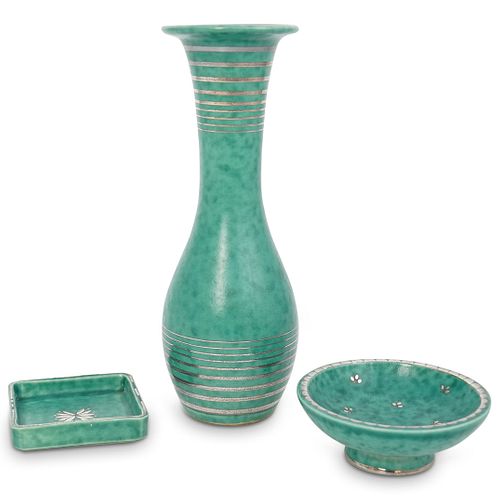 (3Pc) Gustavsberg Argenta Green Porcelain Grouping