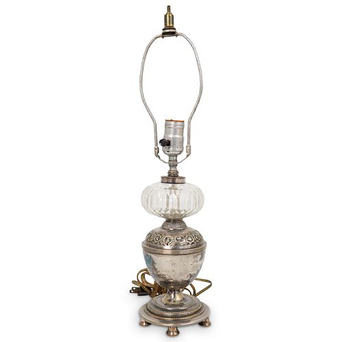 Antique Silver Plated and Crystal Lamp