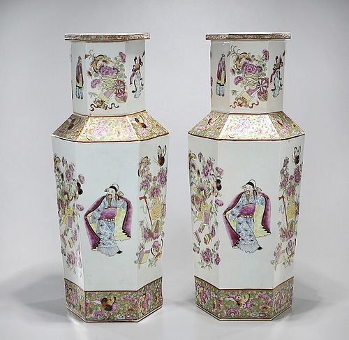 Pair Tall Chinese Enameled Porcelain Hexagonal Vases