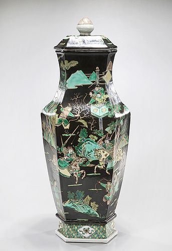 Tall Chinese Enameled Porcelain Hexagonal Covered Vase