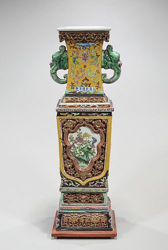 Chinese Elaborate Enameled Porcelain Four-Faceted Vase