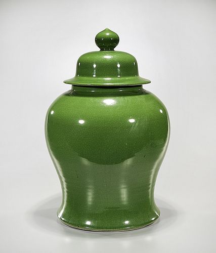Tall Chinese Green Crackle Glazed Porcelain Covered Vase