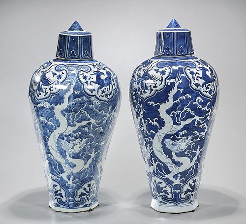 Two Chinese Blue and White Porcelain Covered Meiping Vases