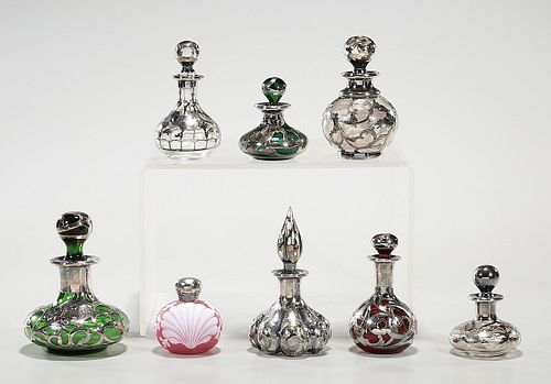 Group of Sterling and Silver Plate Overlay and Decorated Glass Perfume Bottles