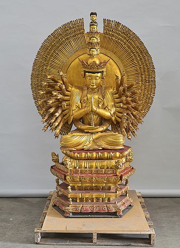 Large Chinese Gilt and Painted Wood Thousand-Armed Guanyin