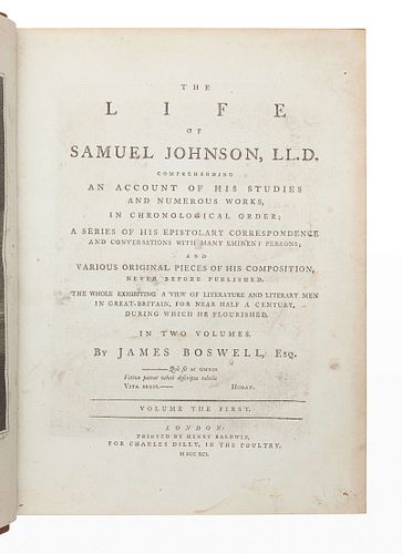 BOSWELL, James (1740-1795). The Life of Samuel Johnson. London: Henry Baldwin for Charles Dilly, 1791.
