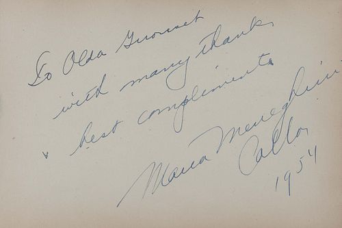 CALLAS, Maria (1923-1977). Autograph note signed ("Maria Meneghini Callas"), to Alda Girouset. N.p., 1954. 1 page, oblong 8vo, 142 x 210 mm, on an aut