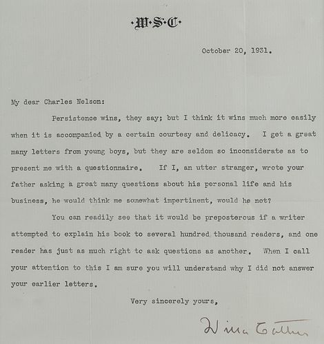 CATHER, Willa (1873-1947).  Typed letter signed ("Willa Cather"), to Charles Nelson. N.p., 20 October 1931. 1 page, 8vo, visible area 180 x 170 mm, on