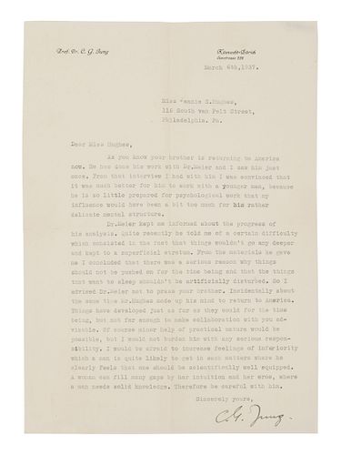 JUNG, Carl Gustav (1875-1961). Typed letter signed ("C. G. Jung"), to Miss Jeanie E. Hughes. Kusnacht, Zurich, 6 March 1937. 1 page, 4to (293 x 209 mm