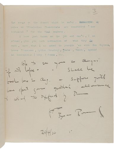 [LAWRENCE, T. E.]. --POUND, Ezra (1885-1972). Typed letter signed ("Ezra Pound") with five-line autograph postscript and emendations in text, to T.E. 