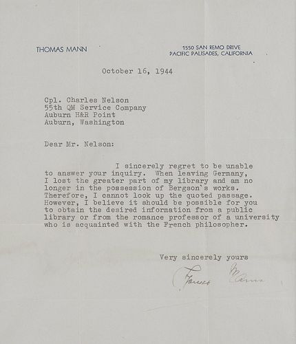 MANN, Thomas. Typed letter signed ("Thomas Mann"), to Corporal Charles Nelson. Pacific Palisades, California, 16 October 1944. 1 page, 4to, visible ar