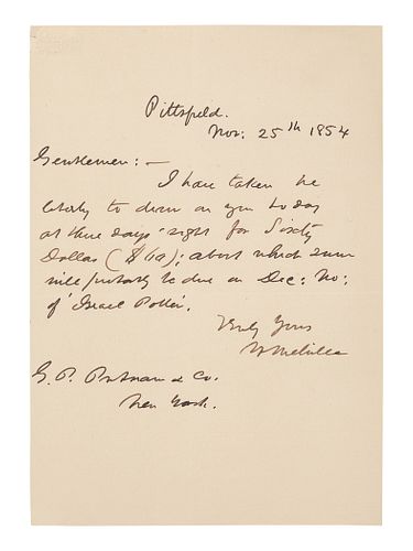 MELVILLE, Herman (1819-1891). Autograph letter signed ("H. Melville"), to his publisher George P. Putnam. Pittsfield [MA], 25 November 1854.  One page