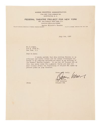 WELLES, Orson (1915-1985). Typed letter signed ("Orson Welles"), to C. B. Ryan. New York, 6 July 1937. 1 page, 4to, 279 x 216 mm, on Federal Theatre P