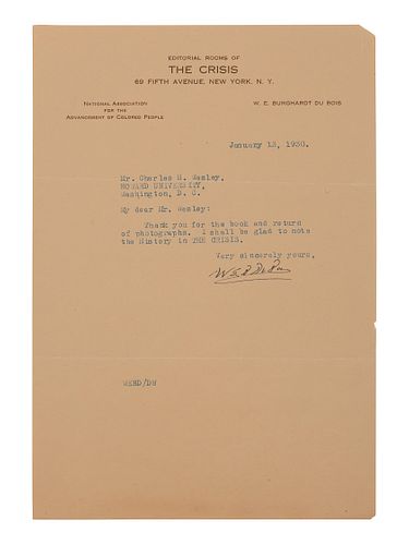 DU BOIS, William Edward Burghardt (1868-1963). Typed letter signed ("W. E. B. Du Bois"), as editor of The Crisis, to Charles H. Wesley. New York, 13 J