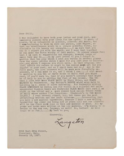 HUGHES, Langston (1901-1967).  Typed letter signed ("Langston"), to William Grant Still. Cleveland, OH, 18 January 1937. 1 page, 8vo, small chips to l