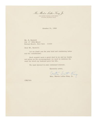 KING, Coretta Scott (1927-2006). Typed letter signed ("Coretta Scott King") to Mr. S. Resnick. Atlanta, 31 October 1968. 1 page, 8vo, on Mrs. Martin L