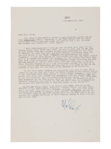 MALCOLM X (1925-1965). Typed letter signed ("Malcolm X"), to Alex Haley. Cairo, Egypt, 18 September 1964. " 1 page, 8vo. 